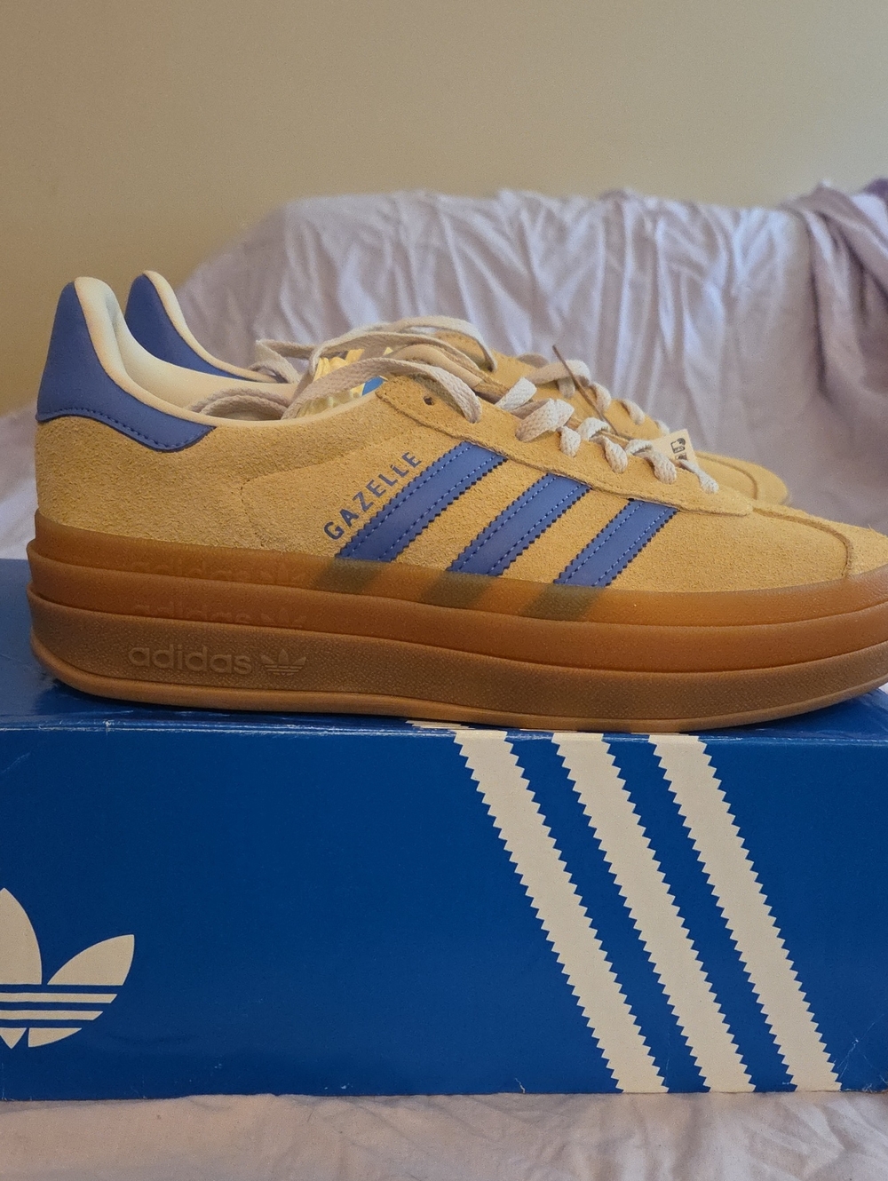 adidas Gazelle Platform Sneakers - Yellow Suede with Blue Stripes